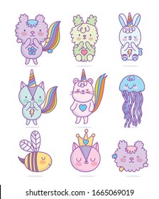 cute cat squirrel mouse jellyfish bee rabbit fantasy rainbow cartoon vector illustration
