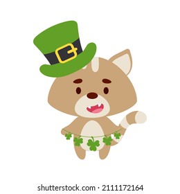 Cute cat in St. Patrick's Day leprechaun hat holds shamrocks. Irish holiday folklore theme. Cartoon design for cards, decor, shirt, invitation. Vector stock illustration.