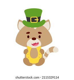 Cute cat St. Patrick's Day leprechaun hat holds horseshoe. Irish holiday folklore theme. Cartoon design for cards, decor, shirt, invitation. Vector stock illustration.