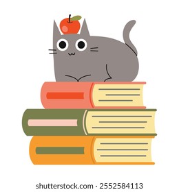 Gato lindo y una pila de libros, el concepto de la escuela y el aprendizaje. Ilustración vectorial moderna de moda aislada en el fondo blanco, dibujado a mano, diseño plano