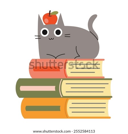 Cute cat and a stack of books, the concept of school and learning. Trendy modern vector illustration isolated on white background, hand drawn, flat design