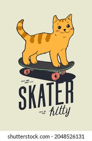 Cute cat standing on skateboard. Skater kitty summer street sports t-shirt print vector illustration.