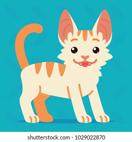 Cute cat standing. Vector illustration of a happy kitten with tail up on blue background. Emoji. Element for your design, printing, stickers. White cat with orange stripes in a flat cartoon style.