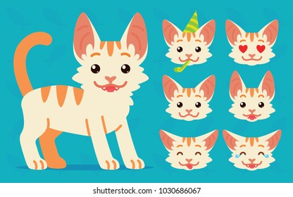Cute cat standing. Vector illustration of happy kitty and it's head sows different emotions on blue background. Emoji. Emoticon. White cat with orange stripes in flat cartoon style. Set. Collection.
