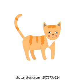 Cute cat stands on four legs. Funny domestic animal. Childish vector illustration in flat style.