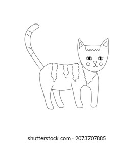 Cute cat stands on four legs. Line art funny domestic animal. Childish vector illustration in flat style. 