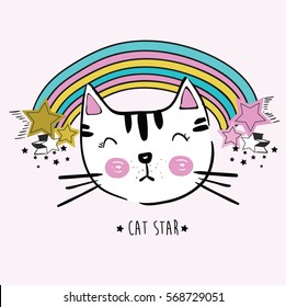 cute cat star illustration vector with stars for tee print