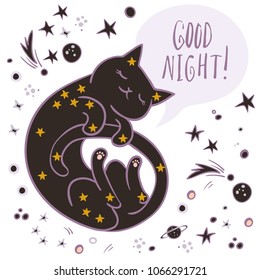 Cute cat with star pattern flying in space sleeping surrounded by stars, planets. asteroids. Good night lettering. Simple sweet kids nursery illustration. Graphic design for apparel.