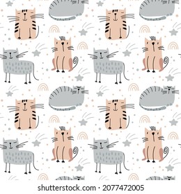 Cute cat and stars seamless vector baby pattern on isolated white scandinavian background. For children fabric, cloth, backdrop, wallpaper. Printable format.