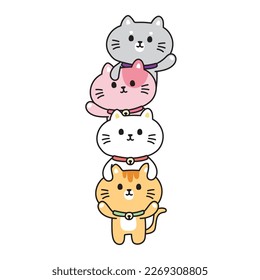 Cute cat stay above each other body on white background.Pet animal character cartoon design.Isolated.Kawaii.Vector.Illustration.