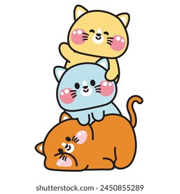 Cute cat stay on top each other greeting.Pet animal character cartoon design.Image for card,poster,sticker,baby clothing,t shirt print screen.Relax.Lay.Meow lover.Kawaii.Vector.Illustration.