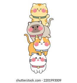 Cute cat stay together.Funny pet character cartoon design.Animal hand drawn.Image for card,poster,sticker,baby clothing.Meow.Kawaii.Vector.Illustration.