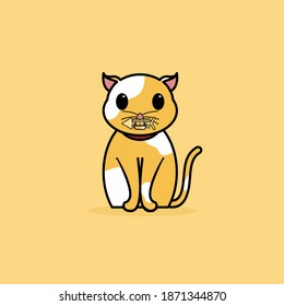 A Cute Cat Steal A Fish Vector Illustration. Simple, FUn, With  Thick Line For The Style. Yellow, White, Grey, Black, Red, Pink. Recomended For Coloring Book, And Cover Book FOr Kids, other.