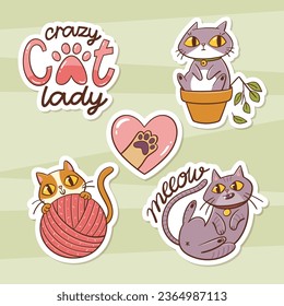 Cute Cat Aufkleber Sammlung. Handgezeichnete einzelne Vektorgrafiken, perfekt für Katzenliebhaber. Liebliche und freundliche Sticker für Haustiere. Set 1 von 2.