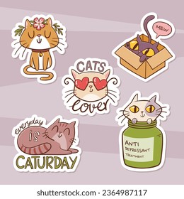 Colección de stickers Cute Cat. Ilustraciones vectoriales aisladas a mano, perfectas para los amantes del gato. Pegatinas encantadoras y amigables para mascotas. Juego 2 de 2.