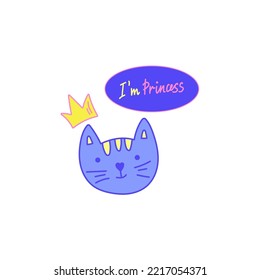 Cute cat sticker with a crown. Cartoon vector illustration. Animal face.
