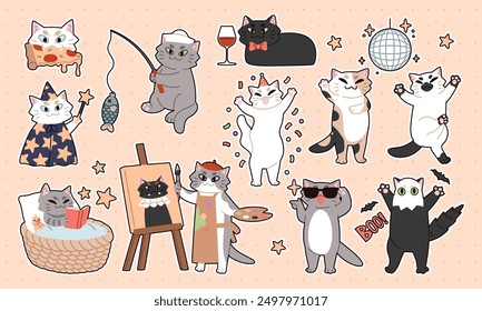 Cute cat sticker. Funny pets. Happy kittens play. Birthday fun. Kitty life. Animals draws and eats. Painting on easel. Sleepy mammal relax. Halloween masquerade. Vector cartoon feline characters set