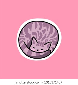 Cute cat sticker. Sleeping cat. Simple modern flat style vector illustration. Fashion sticker isolated on pink background.