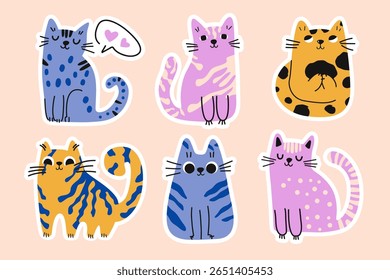 Cute cat stickers. Abstract cats with funny faces, cartoon colorful hand drawn animal collection, adorable pets for kids and baby fashion design. Vector isolated set.