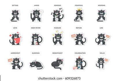 cute cat, stickers collection in different poses, different moods. vector illustration.