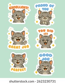 Cute cat stickers with motivational words like “Great Job” and “You Did It!” - perfect for teachers, parents and school activities. Ideal for planners, children's journals and educational materials.