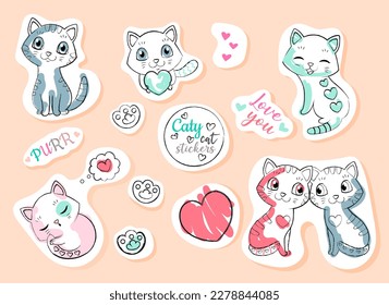 Cute cat stickers set. Collection of cute and charming kittens. Love, tenderness and romance.