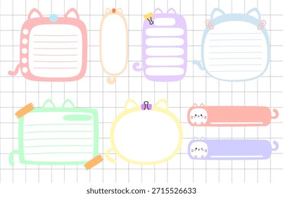 Lindo gato notas adhesivas y memo pads conjunto. Papelería estética kawaii con listas de verificación en pastel y cuadros de texto para planificador digital o diario de balas. Concepto de decoración imprimible. Ilustración vectorial