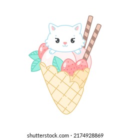 Cute cat and a strawberry dessert. Flat cartoon illustration of a little white kitten sitting on an waffle cone with ice cream decorated. Vector 10 EPS.