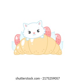 Un gato dulce y un postre de fresa. Dibujo plano de un gatito blanco sentado en un cruasán lleno de crema y bayas. Vector 10 EPS.