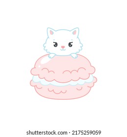 Cute cat and a strawberry dessert. Flat cartoon illustration of a little white kitten sitting on a pink macaroon. Vector 10 EPS.