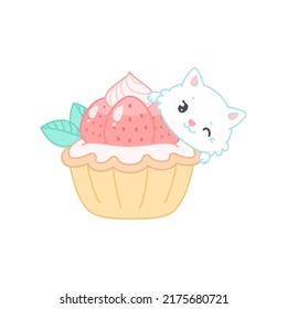 Cute Katze und Erdbeerdessert. Flache Cartoon-Illustration eines kleinen weißen Kätzchens mit cremigem Kuchen. Vektor 10 EPS.