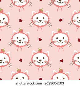 cute cat strawberry and hearts seamless pattern on a pink background. Perfect for Prints, Wrapping Paper, Wallpaper, Textiles, Stationery, and Fabric.