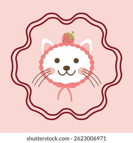 cute cat strawberry illustration on a pink background