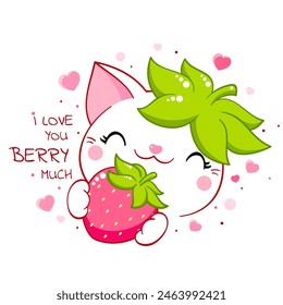 Cute cat with strawberry. Inscription I love you berry much. Kawaii little kitty and ripe red berry. Happy summer time card. Vector illustration EPS8