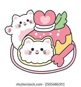 Cute cat strawberry roll cake heart on white background.Meow.Food,sweet,dessert,bakery hand drawn.Pet animal character cartoon design.Kawaii.Vector.Illustration.