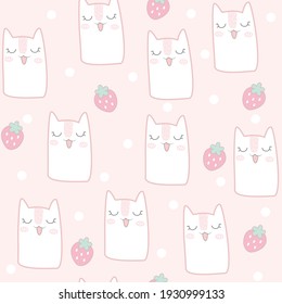 Cute cat with strawberry seamless pattern.