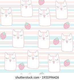 Cute cat with strawberry seamless pattern.