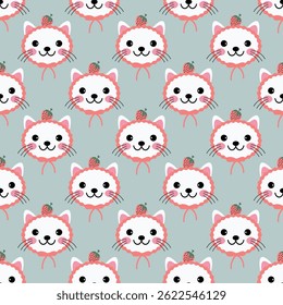 cute cat strawberry seamless pattern on a blue background. for prints, wrapping paper, wallpaper, textile, stationary, fabric