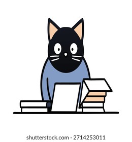 Cute cat stressed with too many papers on the desk, office overwhelm, vector illustration, professional cat character, busy workplace, productivity challenge