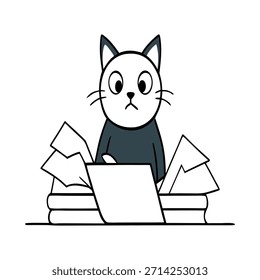 Cute cat stressed with too many papers on the desk, office overwhelm, vector illustration, professional cat character, busy workplace, productivity challenge