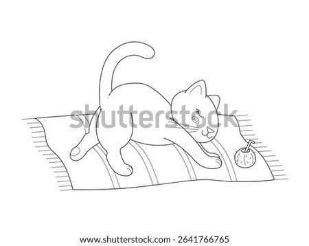 Cute cat stretches on a beach towel. Outline clip art for your projects.