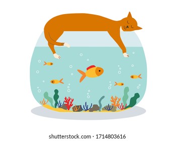 Cute cat stretches and sleeps on aquarium with swimming  gold exotic fish. Flat vector drawn illustration, isolated objects.