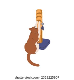 Cute cat stretching paws on scratching post, jute pole, sisal tower. Funny adorable home kitty, feline animal sharpening claws with scratcher. Flat vector illustration isolated on white background