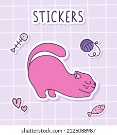 The cute cat is stretching. Sticker of a pink cat with toys on a checkered background. Label Sticker. Vector illustration