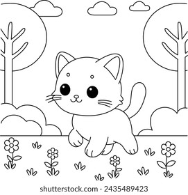 The cute cat is strolling in the park coloring page