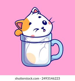 Cute Cat Stuck In Cup Cartoon Vector Icon Illustration. Animal Nature Icon Concept Isolated Premium Vector. Flat Cartoon Style