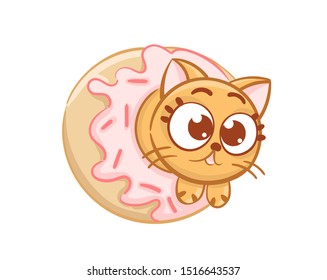Cute cat stuck in donuts with pink frosting cartoon style. Cat Flat vector illustration. Kawaii card sketch for t shirt design, School books, Greeting cards, posters