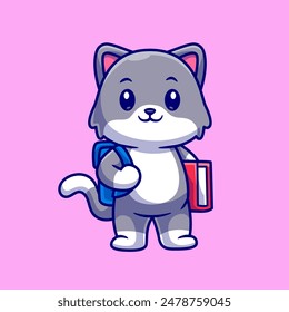 Cute Cat Student Go To School With Book Cartoon Vector Icon Illustration. Animal Education Icon Concept Isolated Premium Vector. Flat Cartoon Style