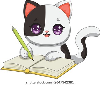 Gato bonito estudando gatinho de desenhos animados com livro