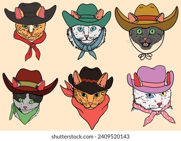 Cute cat style like a cowboy drawing vector illustration set. Cat cowboy drawing in vintage style. Cat mascot